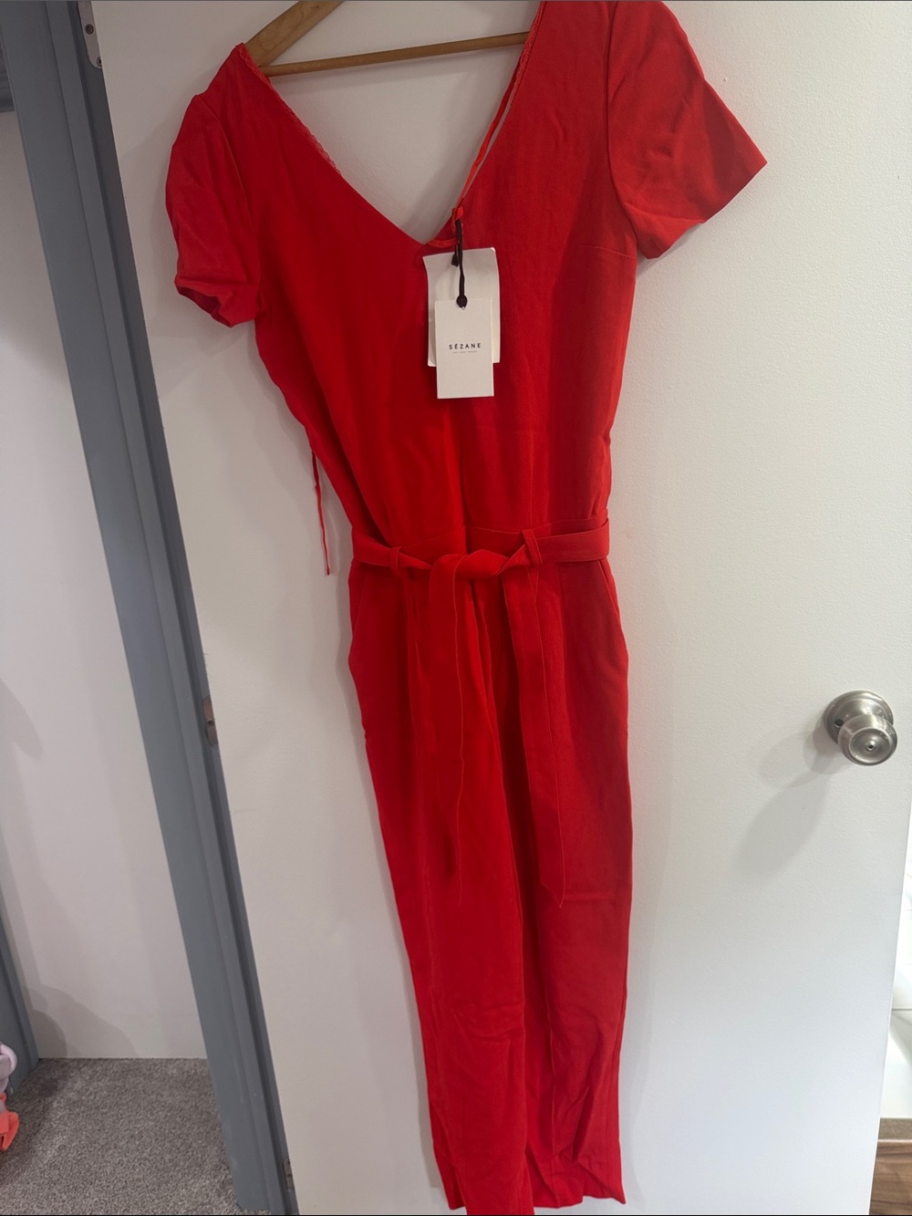 Sezane Red V-Neck Tie-Waist Jumpsuit